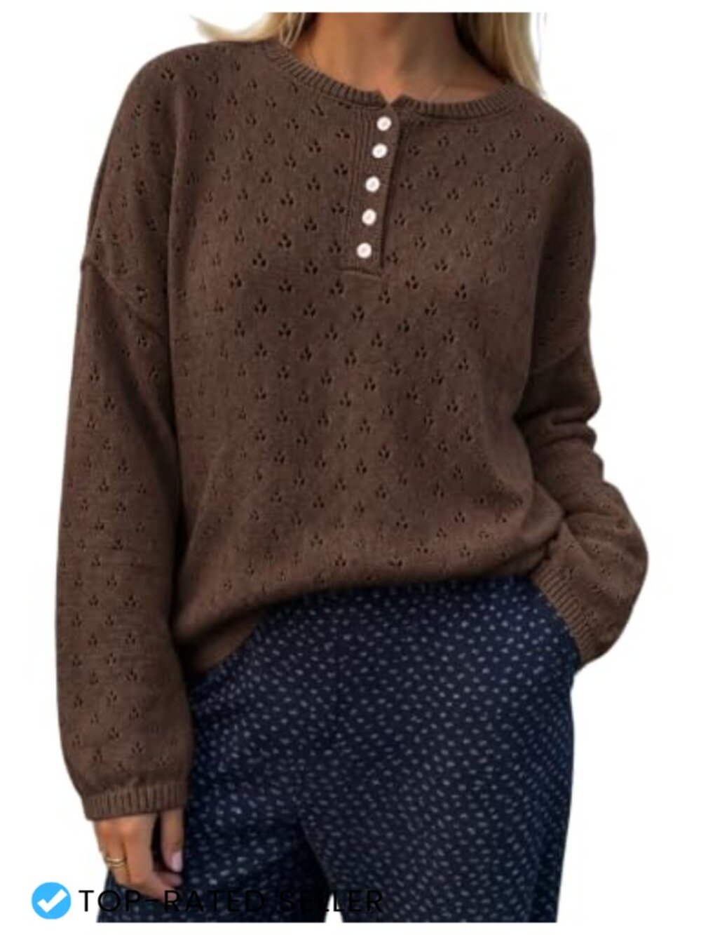 Women's Crochet Knit Henley Pullover Sweater Loose Long Sleeve